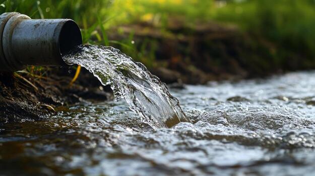 Water flows freely from a pipe, merging with a stream, symbolizing abundance and the natural water cycle in a serene, natural setting. photo