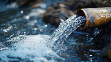 Water flowing from an old pipe into a stream, showcasing movement and potential environmental concerns from runoff or discharge. photo