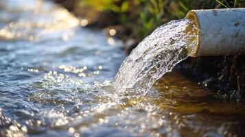 Water flowing from a pipe, sparkling in sunlight. Reflection of light creates a dreamy, shimmering effect on the water's surface. photo