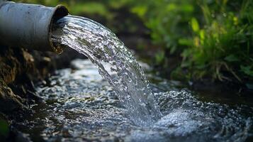 Water flows freely from a gray metal pipe, creating ripples and splashes as it rejoins a natural stream surrounded by green foliage. photo