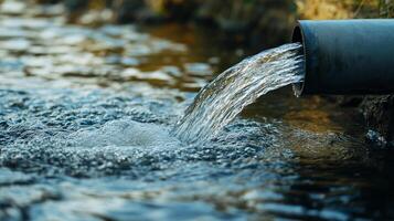 Water flows powerfully from a dark pipe into a natural waterway. Refreshing stream running to another body of water on a sunny day. photo