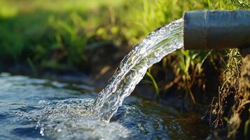 Water flows from a pipe into a small stream, surrounded by lush greenery in a tranquil setting. The water is crystal clear and refreshing. photo