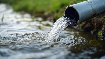 Water flows freely from a gray pipe, creating ripples in the stream, against a blurred green backdrop. photo