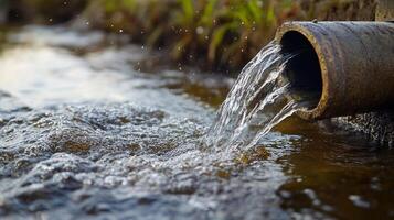 agua fluye libremente desde un oxidado tubo, creando ondas y movimiento en el camino acuático rodeado por naturaleza, cerca a el suelo foto