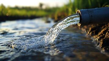 Fresh water pouring from a gray pipe, creating ripples in a stream, with greenery blurred in background. Natural spring refreshment. photo