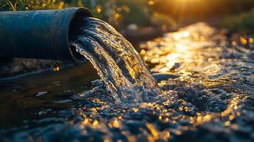 Water flows from a pipe into a stream during golden hour. Close-up shot showcasing the water and sunlight. Environment concept. photo