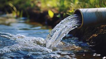 Water flows freely from an aging pipe into a stream, creating bubbles. This represents abundance and a fresh, natural setting. photo
