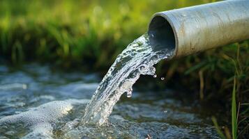 Water flows from a pipe, creating ripples in the stream. Natural sunlight glistens on the surface, hydrating the land around. photo