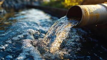 Water gushing from a drainage pipe, creating ripples and bubbles as it flows into a body of water, reflecting sunlight. photo