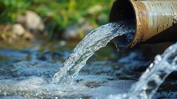 Water flows freely from an aged pipe into a stream creating ripples. Lush vegetation provides a tranquil backdrop. photo