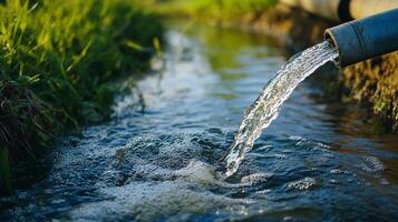 Water flowing from a pipe into a stream creates ripples and bubbles, symbolizing purity, nature, and environmental resource management. photo
