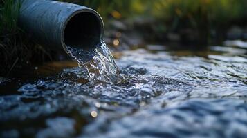 Water flows from a metal pipe into a stream, showcasing nature's connection with infrastructure, set in a peaceful outdoor scene. photo