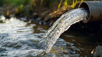 Water flows from a pipe into a stream, creating ripples and bubbles as it fills a natural waterway. Connection between industry and nature. photo