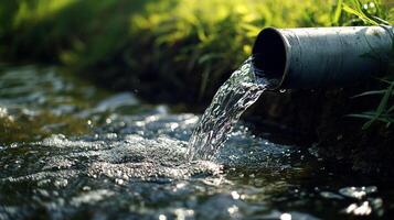 Water flows from a pipe, creating ripples and bubbles in a small stream, surrounded by greenery in the background. Natural scene. photo