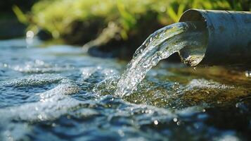 Clear water flows from pipe into a stream, creating ripples and bubbles in a lush outdoor setting. Resource management photo