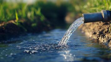 Water flows freely from a pipe, nourishing the earth, creating a tranquil scene. The image captures nature's abundance and the vital role of water. photo