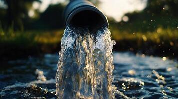Water flows from a pipe into a pool, creating ripples and refractions of light. Scenic outdoor setting with a blurred background. photo