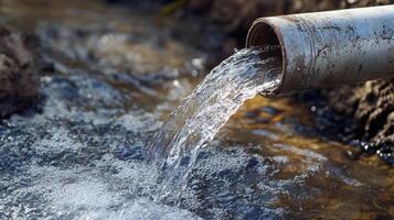 Water flows from a silver pipe into a small stream, creating bubbles. Natural setting with earth and foliage visible. Clean source. photo