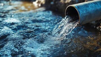 Water flows from a pipe into a body of water, creating ripples and movement, highlighting the interplay of liquid and source. photo