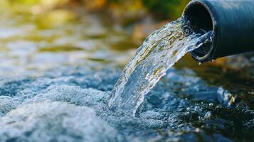 Water flows from pipe, creating ripples and bubbles in the water. The scene evokes themes of water management and environmental impact. photo