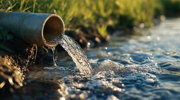 Water flowing from pipe into stream, illustrating water management or irrigation against a backdrop of green grass in natural light. photo