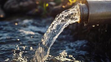 Water flows from a pipe into a stream, glistening in the sunlight, showcasing the natural resource and its distribution system. photo