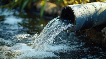 Water flows from a pipe, cascading into a stream, creating ripples and bubbles, illustrating water management. photo