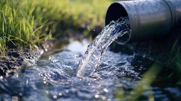 Water pours from a pipe into a stream, creating a ripple effect in the tranquil waterway flowing through the lush landscape. photo
