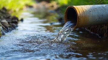 Water flows from a metal pipe into a stream, creating ripples and movement in a natural setting with blurred green vegetation in the background. photo