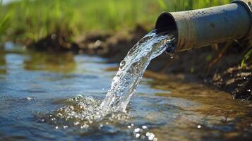 Water flows powerfully from a pipe into a stream, surrounded by green grass in bright sunlight, showing water management and natural flow. photo