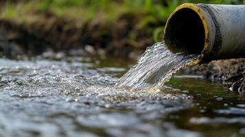 agua fluye desde un grande tubo dentro un río. el Dom brilla en el fluido agua. un amarillo raya es a lo largo el parte superior de el tubo. foto