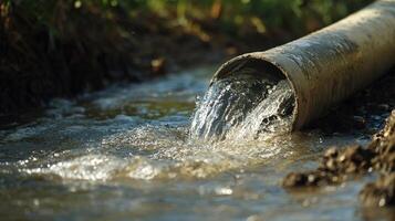 Water flows from a weathered pipe into a shallow stream, creating ripples and splashes in the sunlight, conveying a sense of natural resource. photo