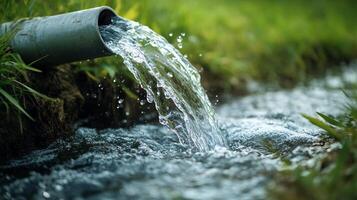 Water flows from a pipe into a stream, creating a refreshing scene with lush greenery surrounding the clear, cascading water. photo