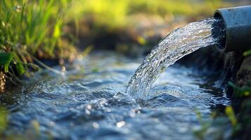 Water pours from pipe into a flowing stream. Fresh water supply. Scenery in the nature environment, surrounded by grass and greenery. photo