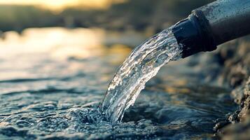 Water gushing from a pipe into a stream, creating ripples and waves in the water under a sunset sky. Clean and natural resource. photo