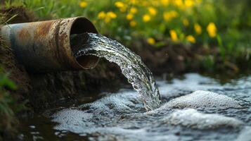 Water flows from a pipe, creating a refreshing scene of liquid in nature with hints of yellow flowers in the blurred background. photo