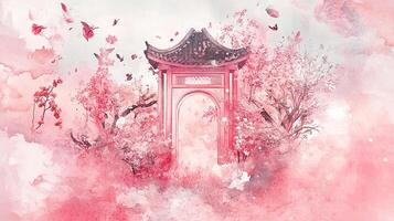 Watercolor painting of a traditional gate surrounded by cherry blossoms and floating petals, creating a peaceful and artistic scene. photo