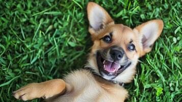 Happy puppy lying on its back in grass. The pup is smiling wide with its tongue out. It is a sunny day, and the dog is enjoying itself. photo
