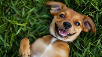 A cheerful puppy lying in lush green grass, showcasing a bright, open-mouthed smile, creating a heartwarming scene. photo