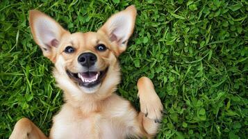 Happy dog lying on its back in green grass, smiling with its tongue and teeth showing, with a paw raised up in the air. photo