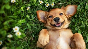 Smiling puppy lying on its back in lush green grass, surrounded by delicate white flowers, enjoying a moment of peace and relaxation. photo