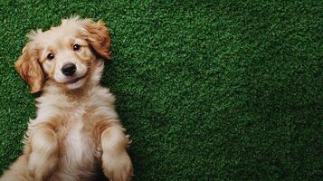 Golden puppy lounging on green grass. Its playful eyes and soft fur make it a delightful companion, perfect for a sunny day. photo