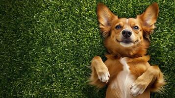 A happy tan dog is lying on its back on bright green artificial turf, smiling at the camera. It looks like it's enjoying the sunshine. photo