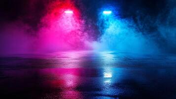 A colorful display of two vibrant stage lights amidst swirling smoke, casting captivating reflections on a glossy, dark surface. photo