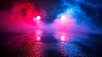 Illuminated floor reflecting blue and red light with a smoky atmosphere creating a vibrant and dynamic scene of mystery and allure. photo