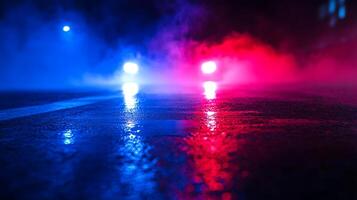 An abstract image with blue and red hues reflecting on a wet surface, creating a blurry and dreamlike effect, evoking mystery and atmosphere. photo