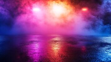 A vibrant scene with colorful fog and a wet surface reflecting the lights, creating a surreal and atmospheric ambiance. photo