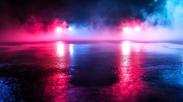 Vibrant hues paint a misty night scene. Reflective surfaces create a mesmerizing display of light and color, merging urban flair and fantasy. photo