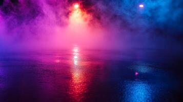 Surreal cityscape with colorful lights. Mysterious haze over the sleek surface reflecting glowing ambiance. Futuristic, vivid, and captivating. photo