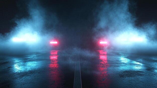 Abstract image featuring neon lights and dense fog on a reflective surface, creating an atmospheric and mysterious visual effect. photo